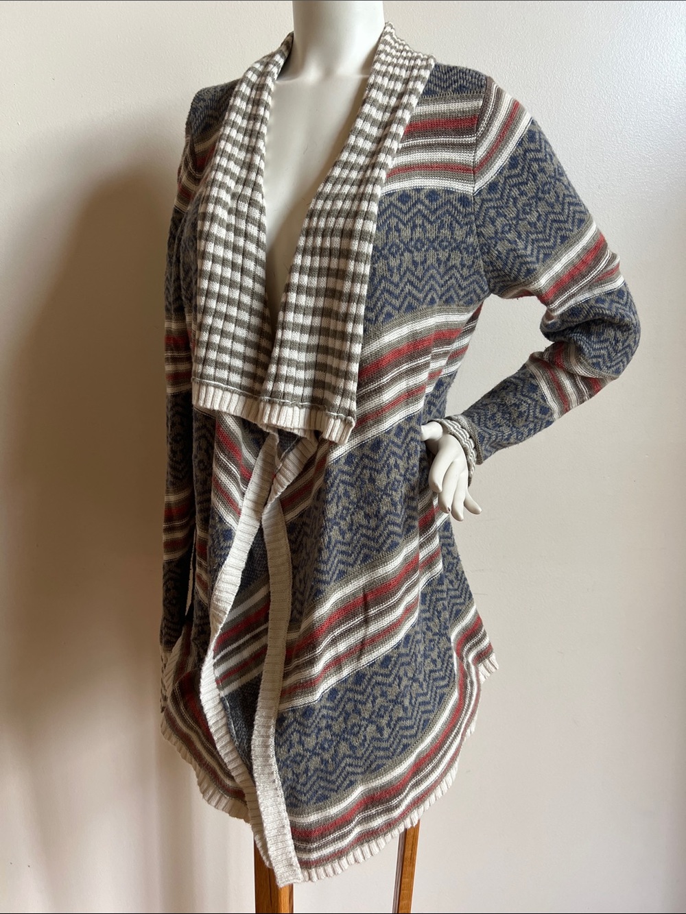 Striped Open-Front Draped Cardigan Sweater - Gray, Red & Cream
